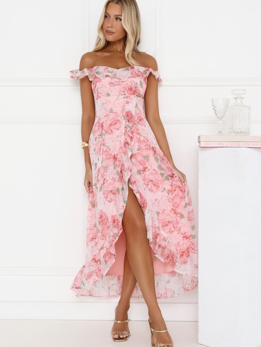 Off-Shoulder Pink Floral Maxi Dress